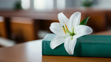 A close-up of hymn books and a single white lily resting on a wooden pew in a softly lit church for a peaceful Easter elegance 