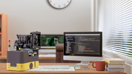 3D render: View of robot engineer's desktop , Model of AGV (automated guided vehicle) is being programmed in engineer office