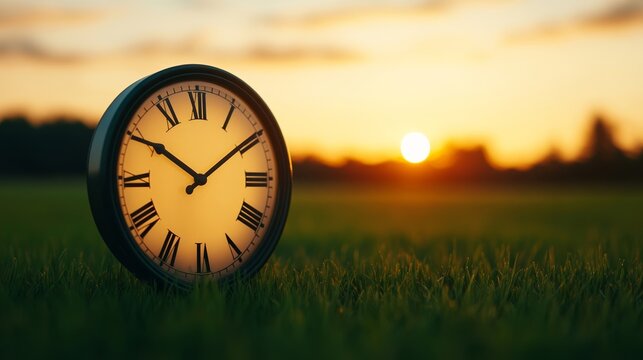 A clock face partially merged with the rising sun over a green meadow symbolizing the earlier daylight of Daylight Saving Time start  - Powered by Adobe