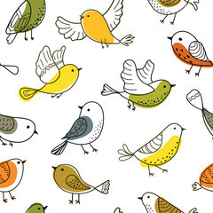 Colorful doodle birds seamless pattern on transparent background. Collection of flat hand drawn birds for textile printing, wrapping