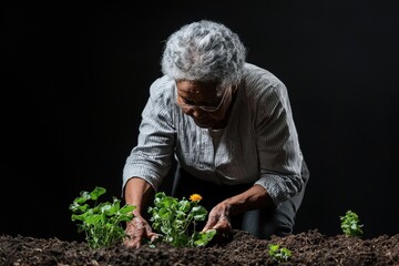 Fototapeta premium African American elderly woman with natural gray hair planting flowers in a garden photorealistic studio lighting