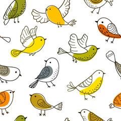 Colorful doodle birds seamless pattern on transparent background. Collection of flat hand drawn birds for textile printing, wrapping