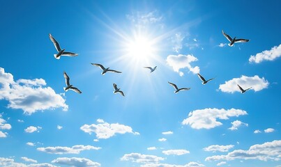 Birds soaring in sunny blue sky with fluffy clouds.