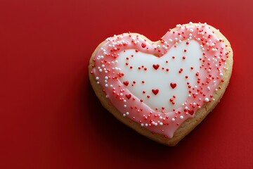 Simple and Minimal Valentine Heart Cookie with Red Background and Decorative Sprinkles for Romantic Celebrations and Special Occasions