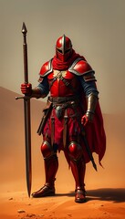 Fototapeta premium A red knight in desert armor, standing boldly while holding two swords, exuding valor and strength