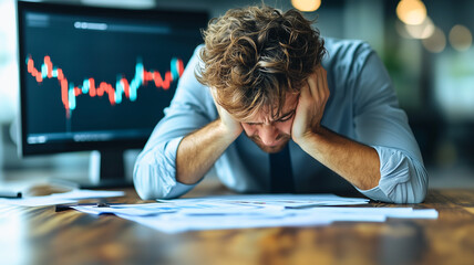 Fototapeta premium The Weight of Responsibility: A businessman's face is etched with worry as he grapples with a mountain of paperwork and a volatile stock market chart on the screen behind him.