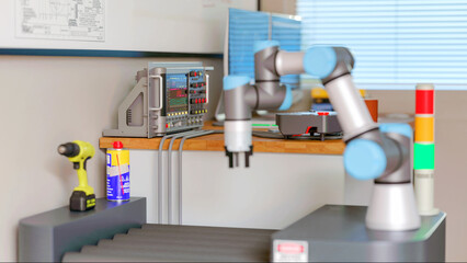 3D render: View of robot engineer's desktop , AGV (automated guided vehicle) with Cobot (collaborative robot) are being programmed in lab