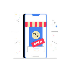Online Store Open 24 7 Displayed On Smartphone In Flat Vector Illustration Symbolizing E Commerce, Digital Convenience, And Retail Accessibility, Isolated On White Background.