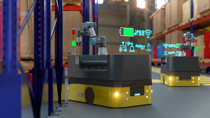 3D render Factory 4.0 concept: Collaboration of industrial robots and AGV (Automated Guided Vehicle) with wireless communication in smart warehouse.