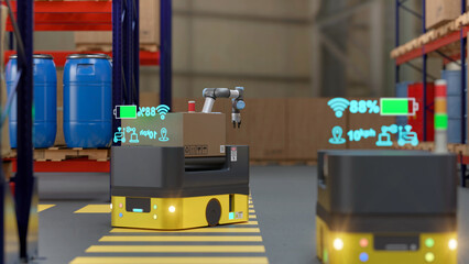 3D render Factory 4.0 concept: Collaboration of industrial robots and AGV (Automated Guided Vehicle) with wireless communication in smart warehouse.