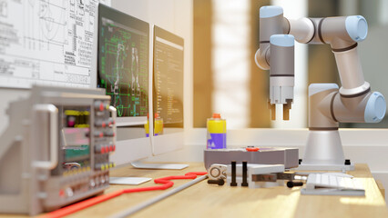 3D render: View of robot engineer's desktop with Cobot (collaborative robot),And Elelctrical equipment in laboratory