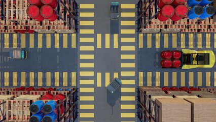 3D render Factory 4.0 concept: Collaboration of industrial robots and AGV (Automated Guided Vehicle) with wireless communication in smart warehouse.