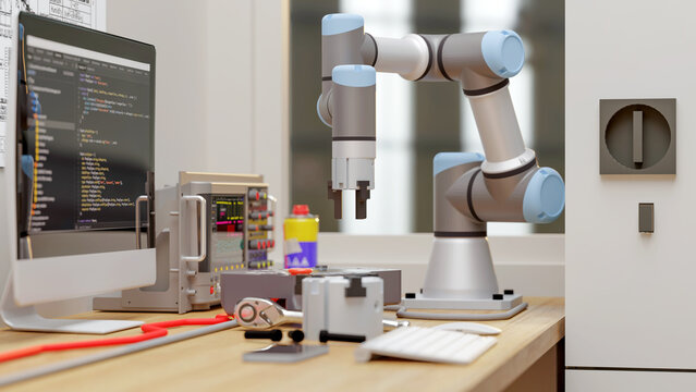 3D render: View of robot engineer's desktop with Cobot (collaborative robot),And Elelctrical equipment.