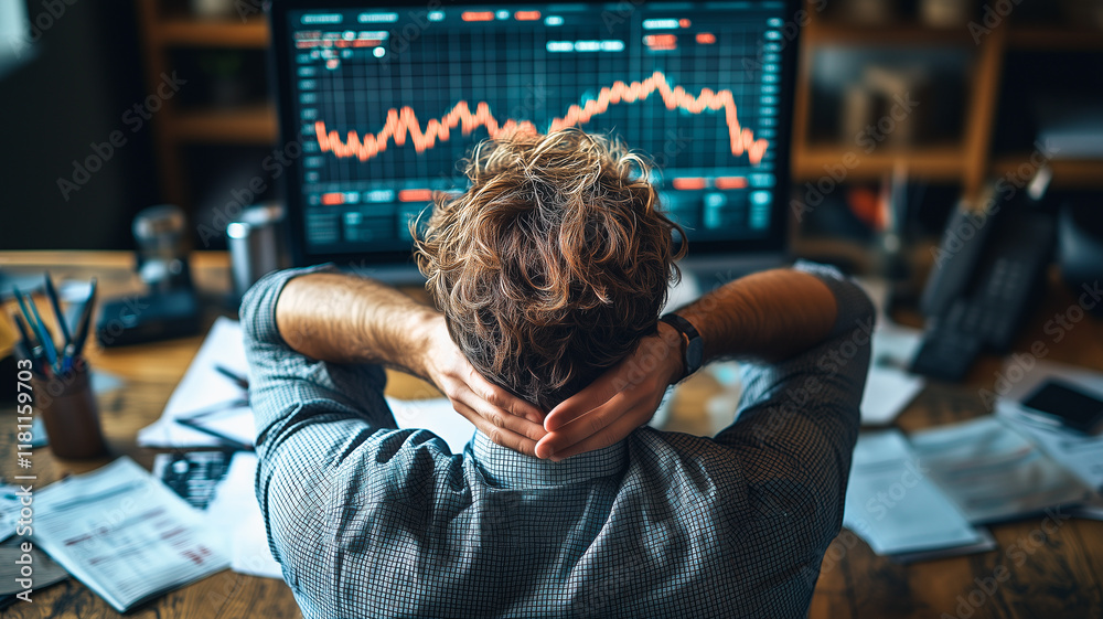 Poster market analysis: stressed trader reviewing data on large screen
