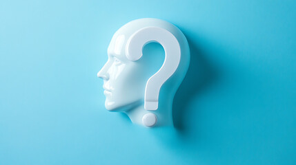 White question mark head profile on blue background. Represents psychological inquiry and self-discovery concepts