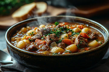 A hearty bowl of traditional Irish stew with tender lamb, potatoes, carrots, and onions in a rich broth, garnished with fresh parsley, served with crusty bread on a rustic table.