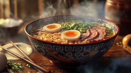 Steaming Bowl of Delicious Ramen Noodles with Soft Boiled Eggs and Sliced Pork