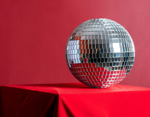 Disco ball on red podium on red background