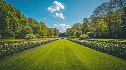 Obraz premium Lush green lawn with vibrant tulips and trees on a sunny day.