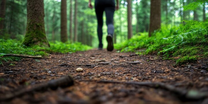 Stress Relief: A person taking a slow walk through a forest trail, inhaling the fresh air, fully immersed in nature for stress relief