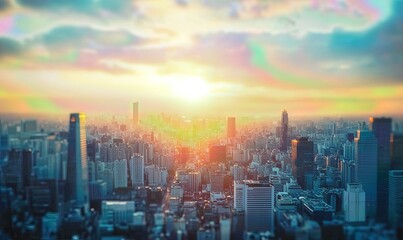 Fototapeta premium City skyline at sunrise with colorful clouds, ideal for urban development or travel themes.