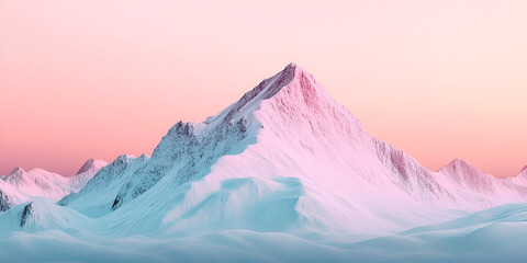 Serene Mountain Peak: A snow-capped mountain peak pierces a sky awash in the soft hues of a vibrant sunrise, its majestic silhouette rising against a backdrop of pastel pink and blue.