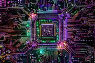 Top-down view of a glowing AI processor on a complex circuit board