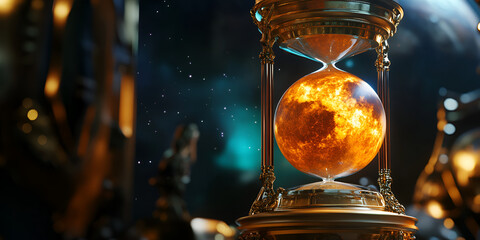 Time's Burning Sands: A fiery, celestial hourglass burns with a luminous intensity, its swirling sands depicting a fiery planet against a cosmic backdrop.