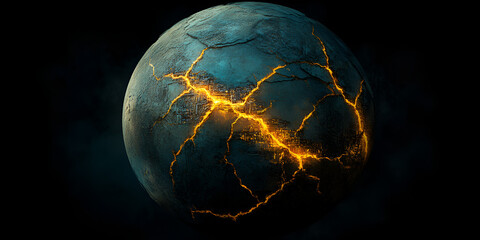 Fractured Planet: A celestial body, rendered in dramatic detail, reveals its inner fiery core through a network of fissures, radiating a menacing glow against a backdrop of deep space.