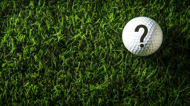 Golf ball with question mark on grass. Illustrates sports strategy and game decision concepts