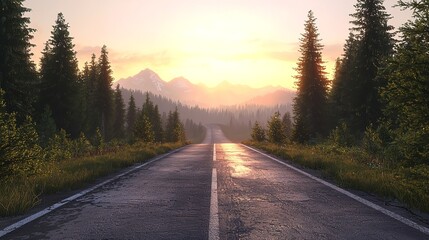 Naklejka premium Sunset Over a Highway Road Flanked by Pine Trees