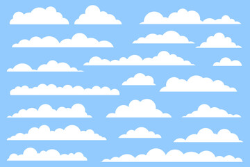 Clouds icon vector set. Different shapes of flat white clouds for weather symbol on blue background. 