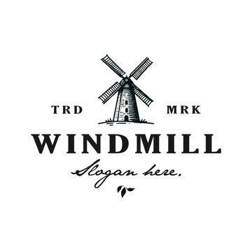 windmill hand drawn vintage logo design vector template illustration