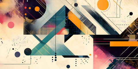 Abstract Geometric Composition: Vibrant hues and dynamic shapes create a captivating abstract artwork.  Triangles, circles, and lines interweave in a complex yet balanced design.