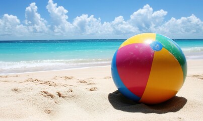 Colorful beach ball on sandy shore, turquoise ocean, blue sky, clouds.