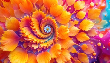 Colorful flower with a spiral pattern and a small white flower in the center. The flower is surrounded by a swirl of leaves and has a vibrant. For Banner, poster, background, greeting card