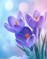 Obraz premium Delicate Purple Crocuses Blooming in Spring Snow Soft Pastel Colors Nature Beauty