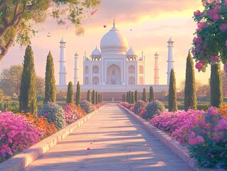 Fototapeta premium Majestic Taj Mahal at Sunrise with Blooming Gardens
