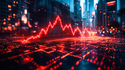 Fototapeta premium Market Crash: A Glowing Red Stock Market Decline Graph Projected Over a Futuristic Cityscape at Night 