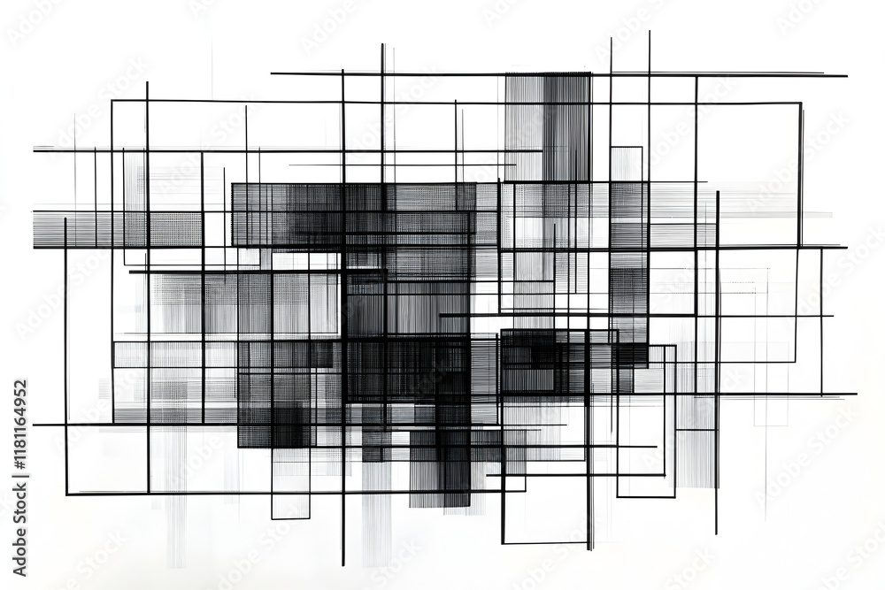 Poster abstract black and white grid: an intricate composition of overlapping black and grey rectangles and
