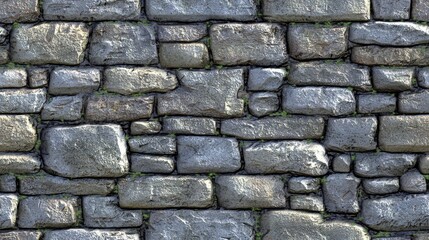 Obraz premium Seamless Texture of Rustic Grey Stone Wall with Weathered Blocks and Tiny Plants