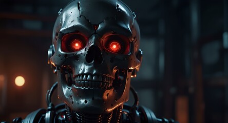 A robotic skull featuring glowing red eyes in a dim industrial setting, emanating an enigmatic and powerful presence. 