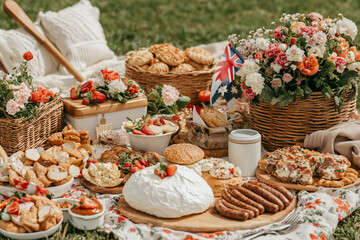 An Australia Day picnic scene featuring a vibrant spread of traditional Australian food and festive decorations, with friends and families enjoying games and barbecues outdoors.