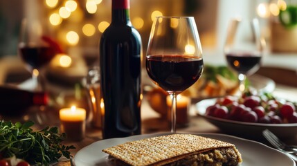 A beautifully arranged Passover dinner table with traditional foods, including gefilte fish, matzah, and wine, with soft candlelight in the background