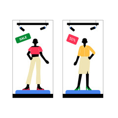 Fashion Mannequins Displaying Clothing And Sale Tags In Flat Vector Illustration Symbolizing Retail Display, Seasonal Discounts, And Fashion Shopping, Isolated On White Background