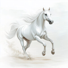 Fototapeta premium Illustration of the Arabian horse running towards through grassland, soft watercolor tones, white background, detailed illustration, cartoonish.