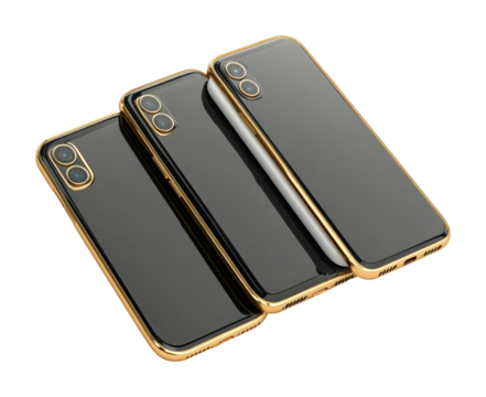 High-fidelity black and gold smartphone collection on white surface product studio environment close-up view isolated on transparent background png - Powered by Adobe