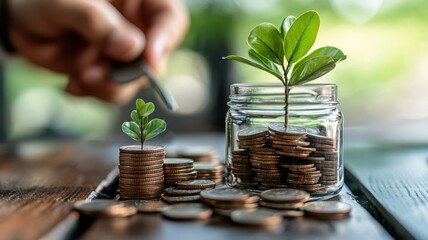 A hand places a coin next to two plants growing from jars filled with coins, symbolizing financial growth and sustainability.