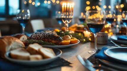 A beautifully decorated Hanukkah dinner table with blue and silver accents, featuring a menorah, gifts, and traditional foods