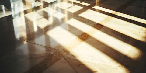 Sunlit Floor Tiles: Abstract image of sunlight streaming through a window, casting dramatic diagonal shadows and highlighting the texture and pattern of the tiled floor.